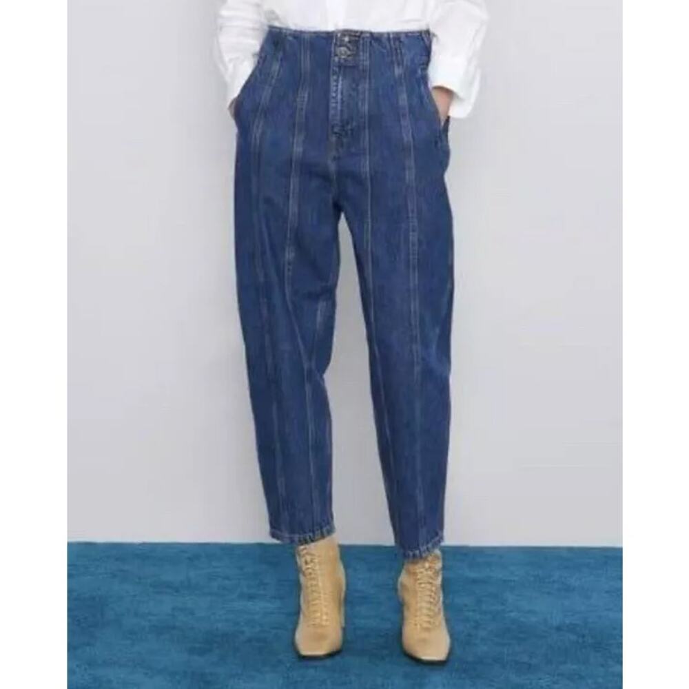 Zara Womens Slouchy High Waist Barrel Leg Button Zip Paneled Jeans Denim Pockets